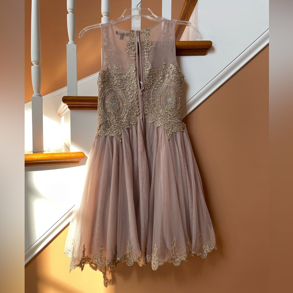 Stunning Size 1 Jodi Kristopher worn once dress; champagne blush w/gold beading